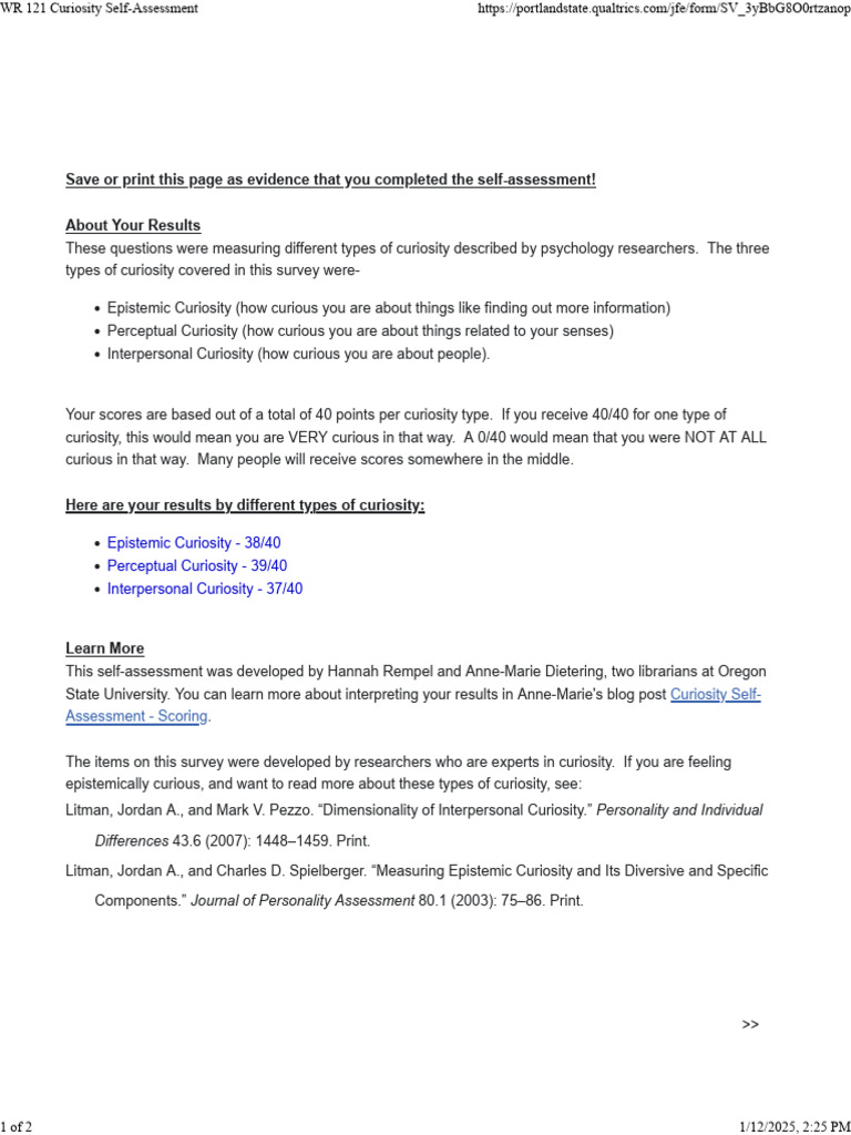 Curiosity Self-Assessment Results | PDF | Curiosity | Behavioural Sciences