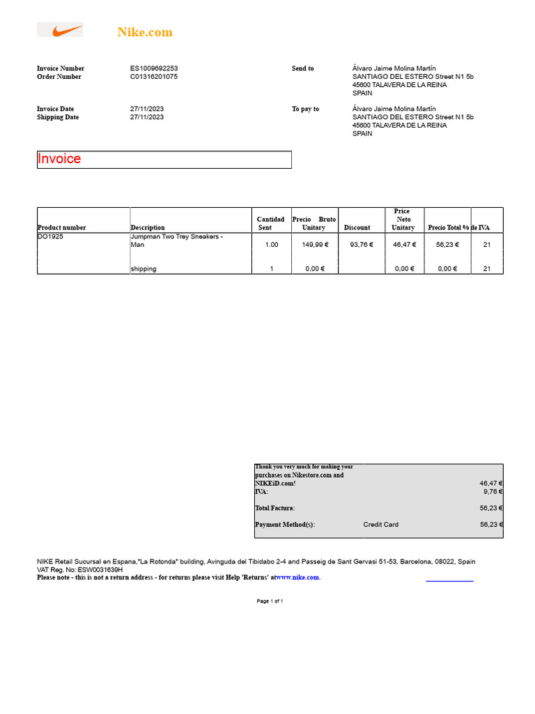 Nike Sneakers Invoice | PDF | Invoice | Accounting