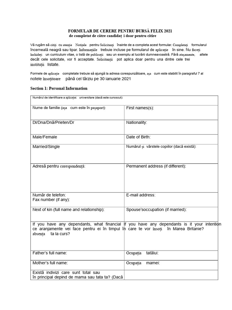 Formular de Aplicație 2021-22 | PDF