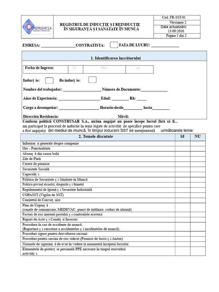 SST-01 Registrul de Inducție Pentru Personal | PDF