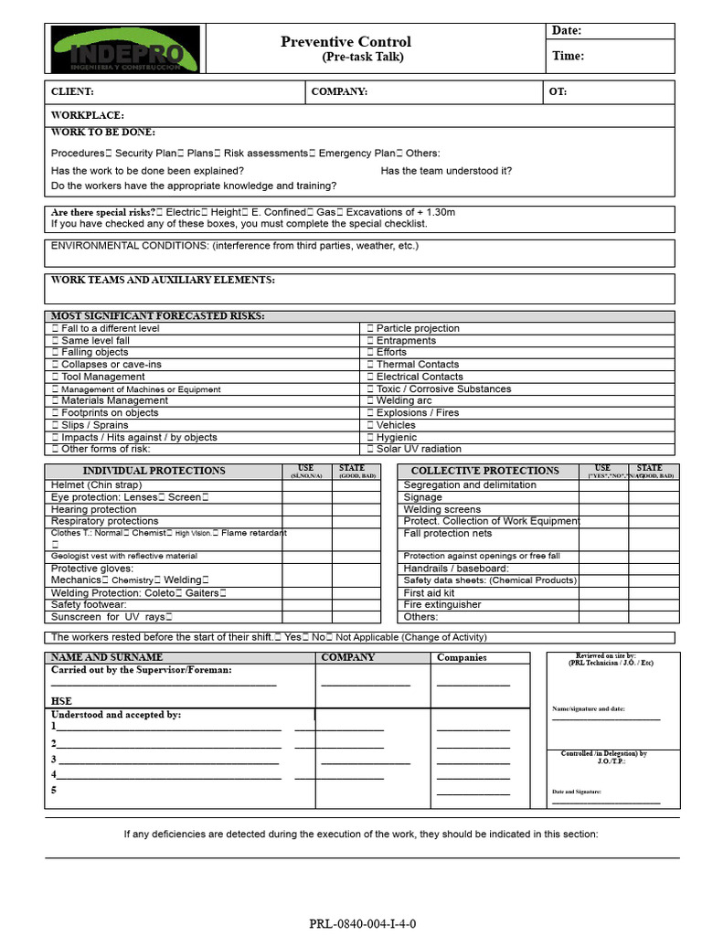 Pre-task Safety Checklist Template | PDF | Safety | Occupational Safety ...