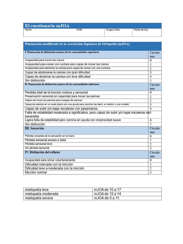 Cuestionario mJOA para Evaluación Clínica | PDF | Medicina CLINICA ...