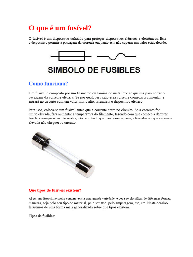 Tipos e Funcionamento de Fusíveis | PDF | Fusível (elétrico) | Corrente ...