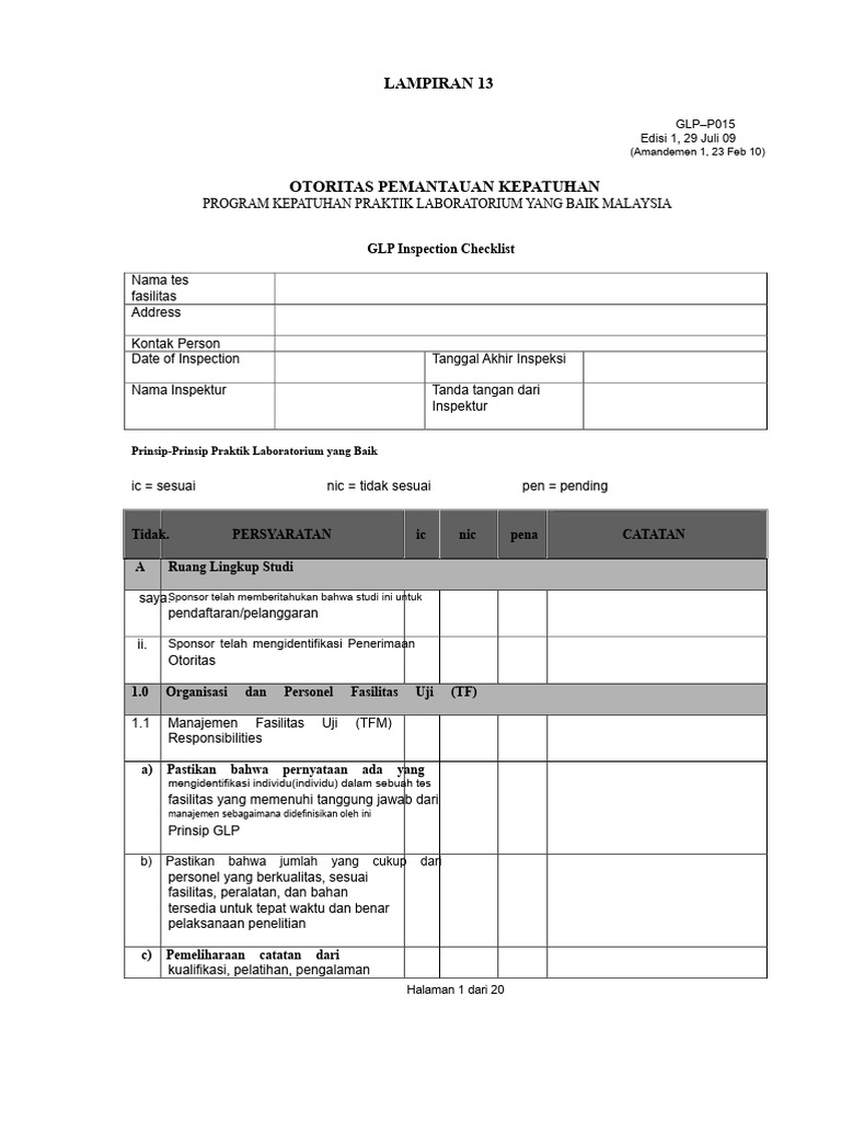Checklist Inspeksi GLP Malaysia | PDF