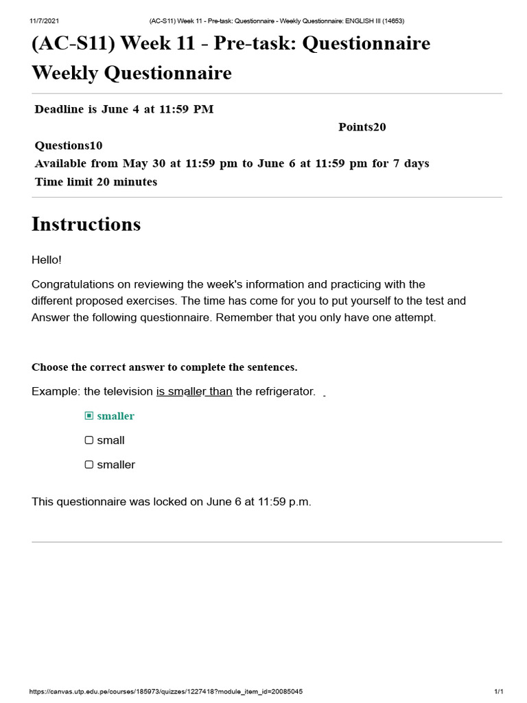 (AC-S11) Week 11 - Pre-Task - Questionnaire - Weekly Questionnaire ...