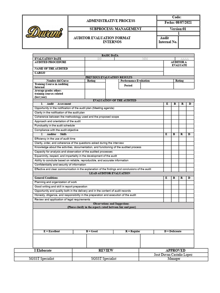 Auditor Evaluation Format Template | PDF | Audit | Evaluation