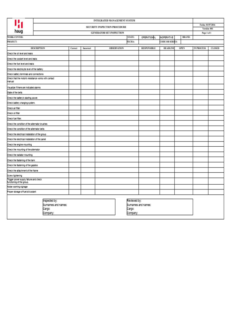 Generator Set Inspection Procedure | PDF | Electricity | Electrical ...