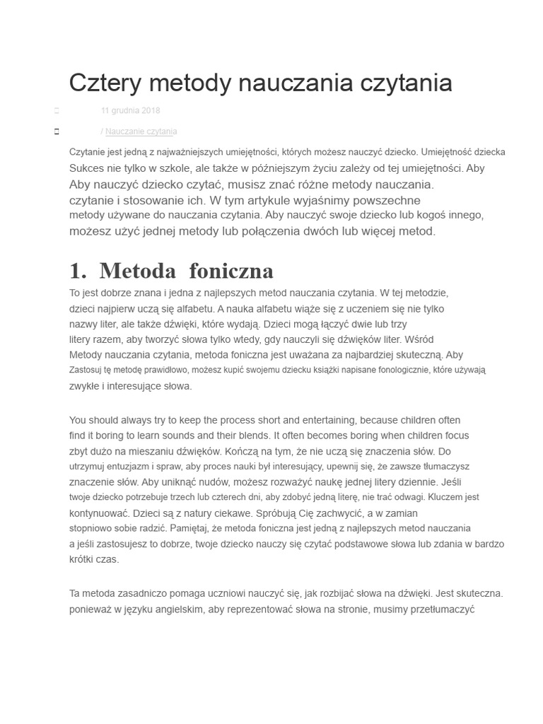 Cztery Metody Nauczania Czytania | PDF