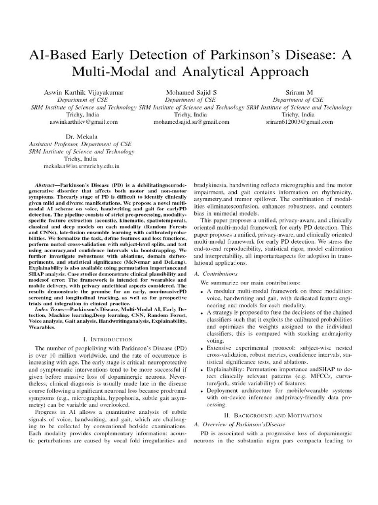 AI Based Early Detection Parkinson's Disease | PDF