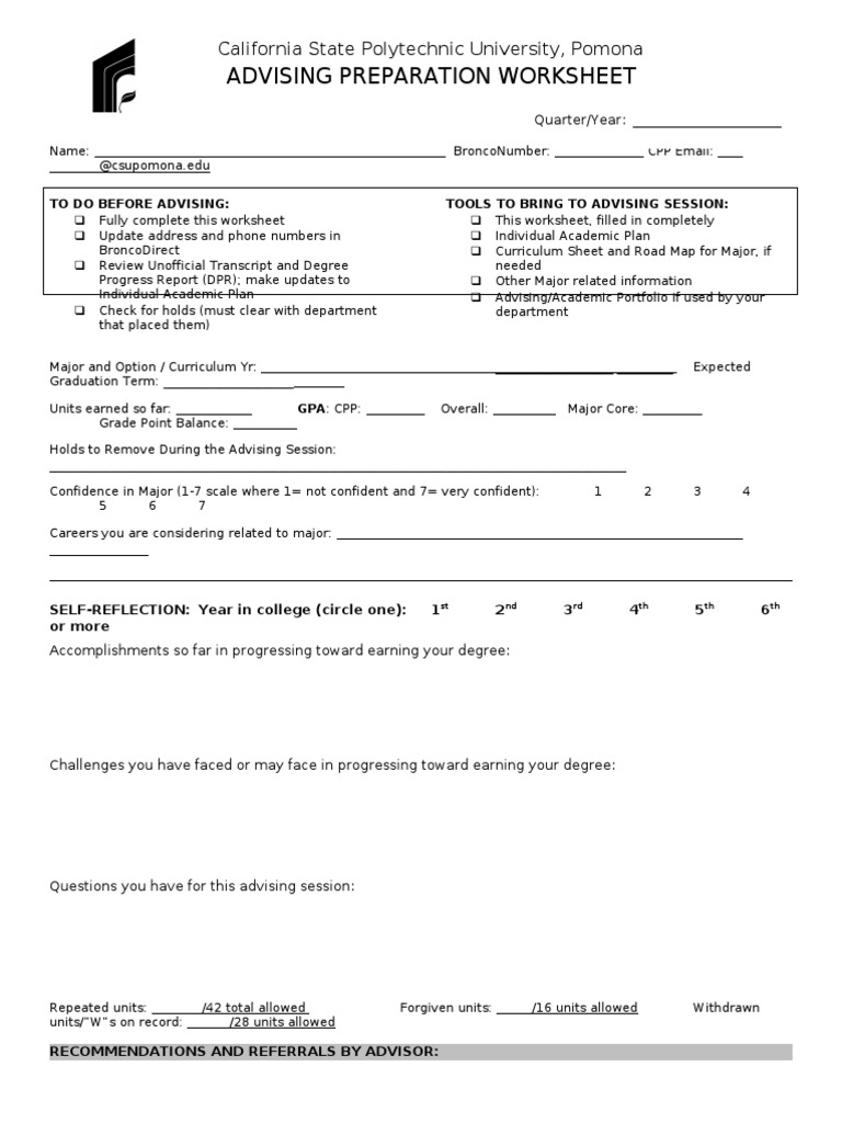 Advising Preparation Worksheet 011210 MDG 8026 | PDF