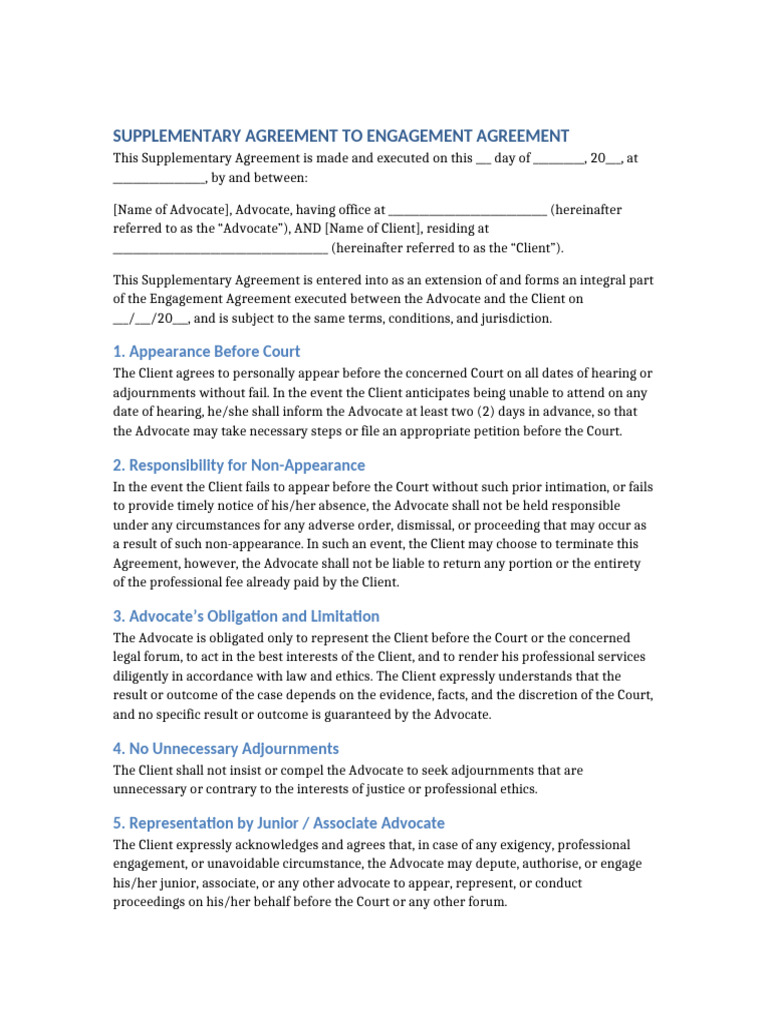 Supplementary Agreement To Engagement Agreement Final | PDF | Advocate ...