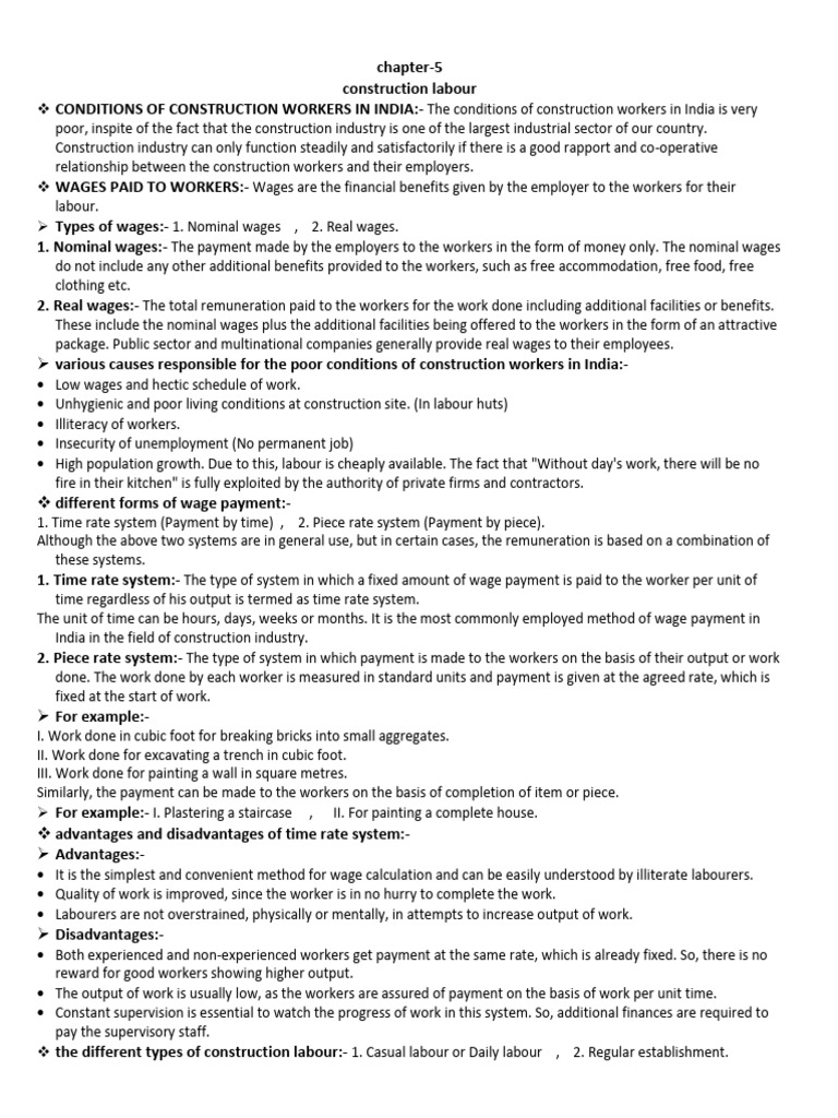 Chapter-5 (Construction Labour) | PDF | Wage | Employment