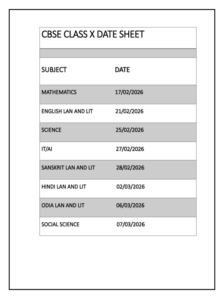 CBSE Class X Exam Schedule 2026 | PDF