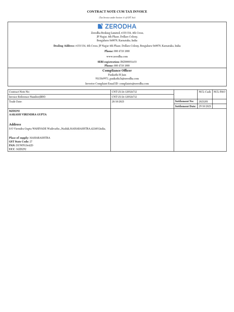 Zerodha Contract Note & Tax Invoice | PDF | Taxes | Value Added Tax