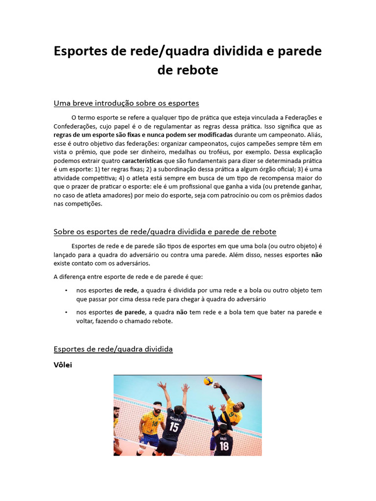 Esportes de Rede e Parede de Rebote | PDF | Voleibol | Tênis de mesa