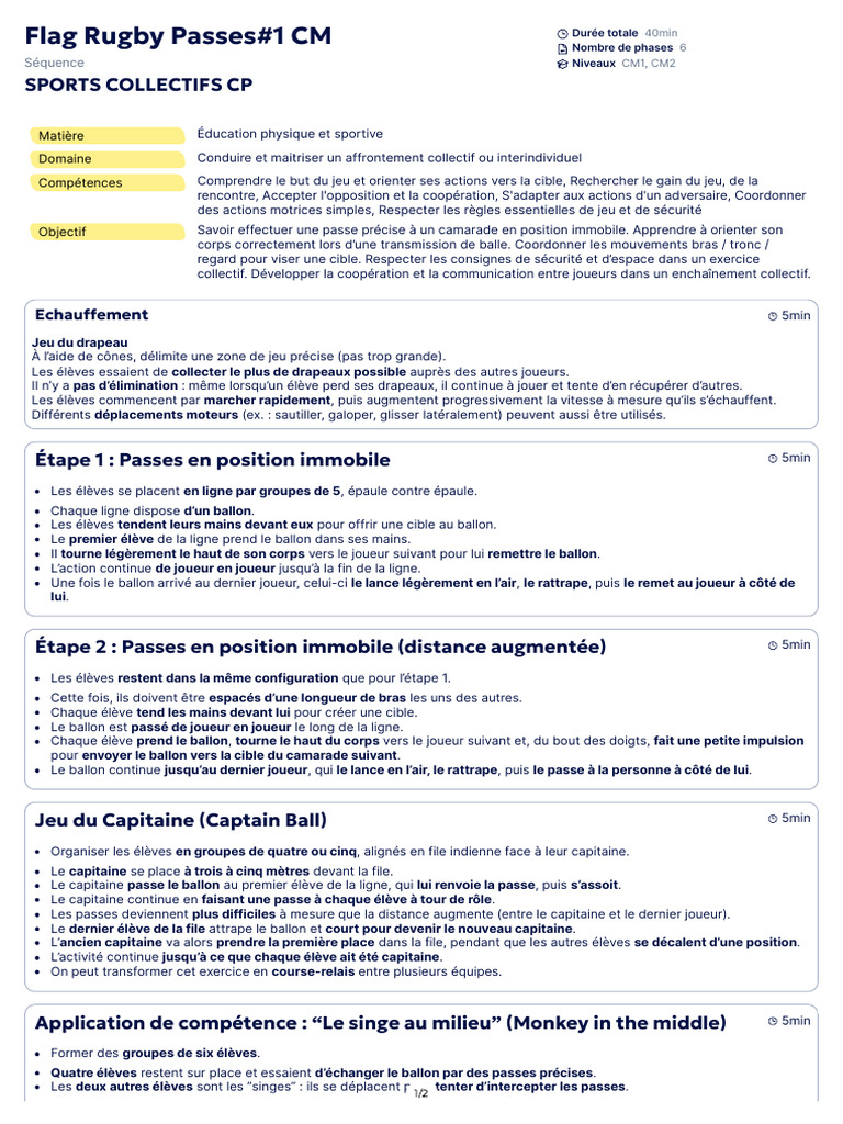 Passes de Rugby en Éducation Physique | PDF | Rugby à XV