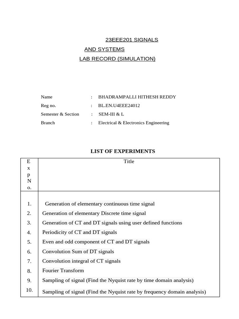 Bl.en.u4eee24012 23eee201 Lab Record | PDF | Discrete Time And ...