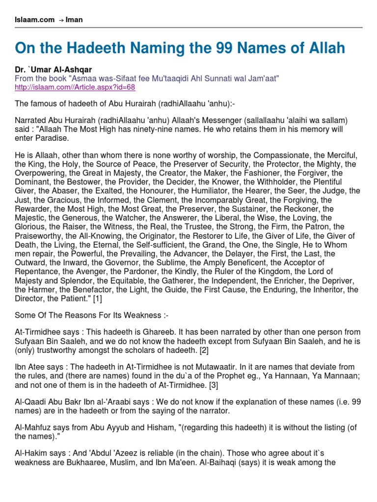 On The Hadeeth Naming The 99 Names of Allah | PDF | Religion & Spirituality