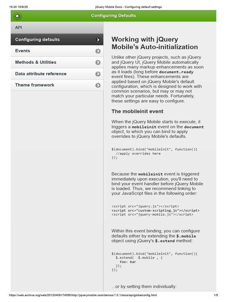 JQuery Mobile Docs - Configuring Default Settings | PDF | J Query ...