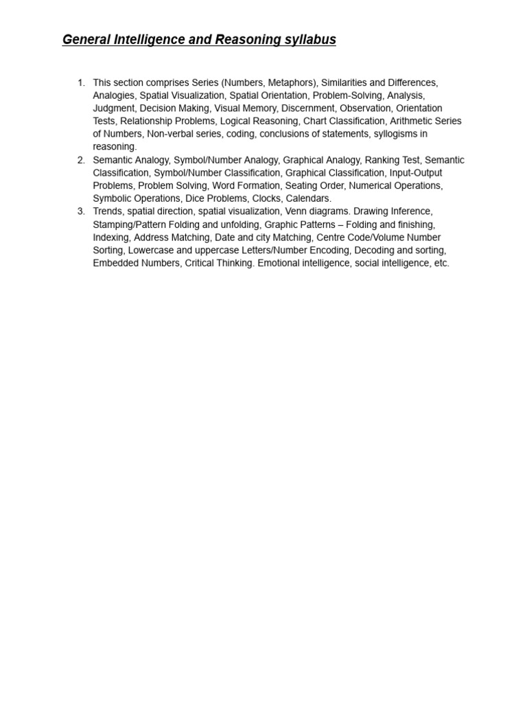General Intelligence & Reasoning Syllabus | PDF