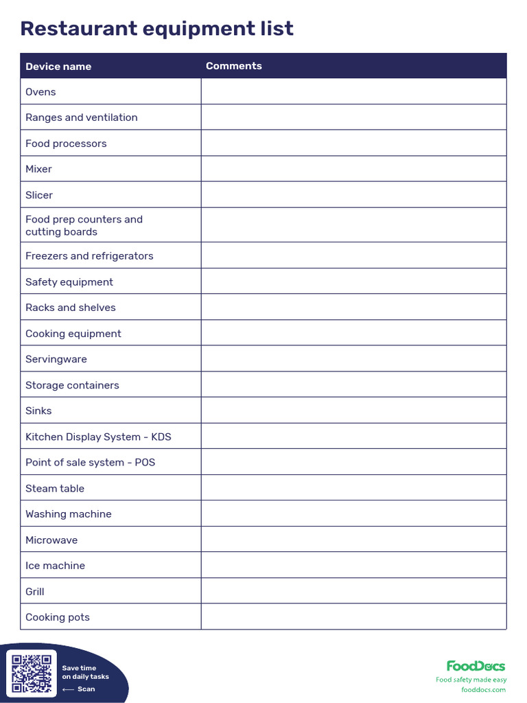 FoodDocs - Restaurant Equipment List | PDF