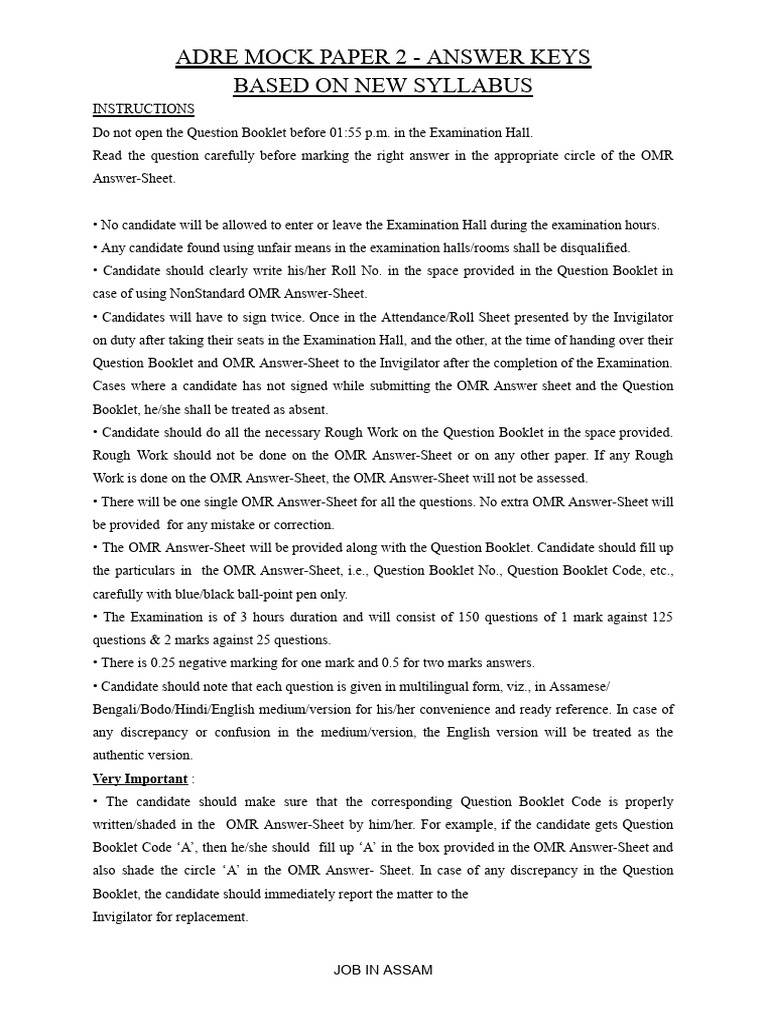 ADRE GRADE 3 - Degree Level Paper 2 Answer Keys | PDF