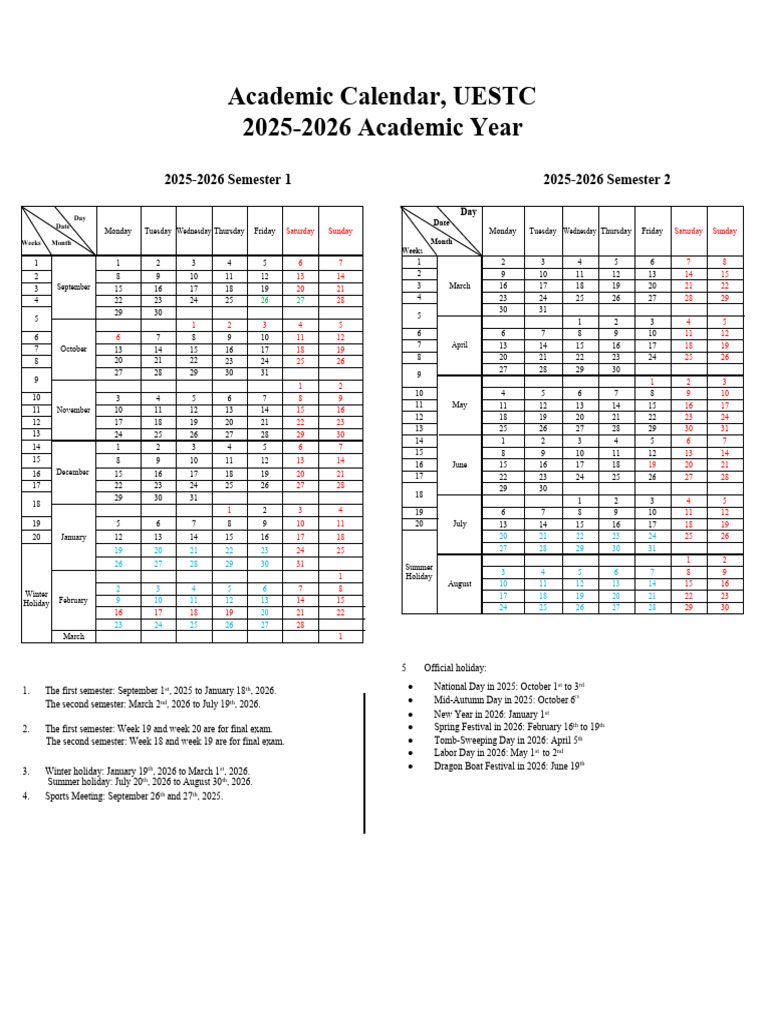UESTC 20252026 Academic Calendar PDF Academic Term