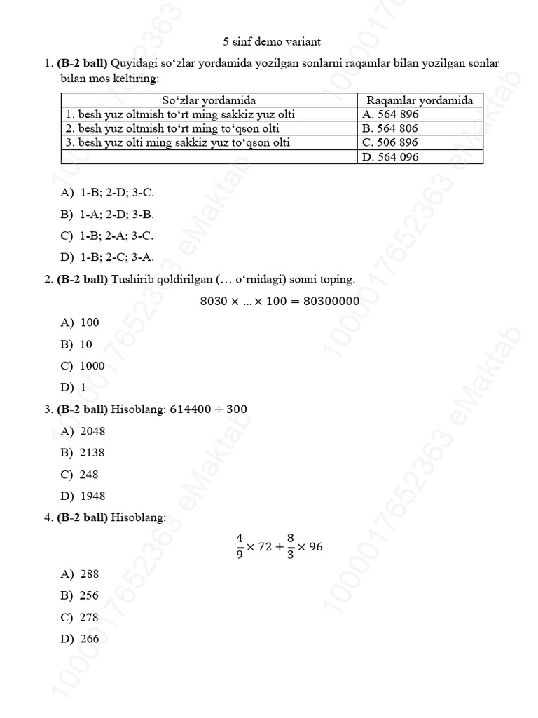 5 Sinf Matematika 1-ChSB Demo | PDF