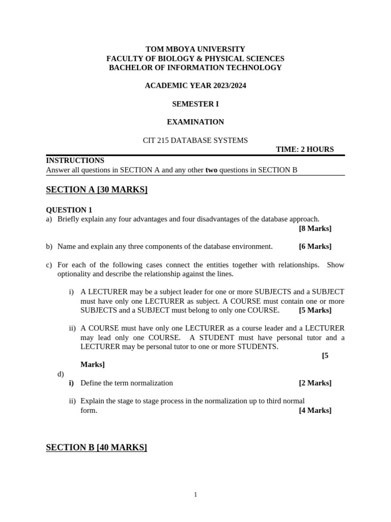 Database Systems Exam Paper 2023/2024 | PDF | Databases | Computer Data