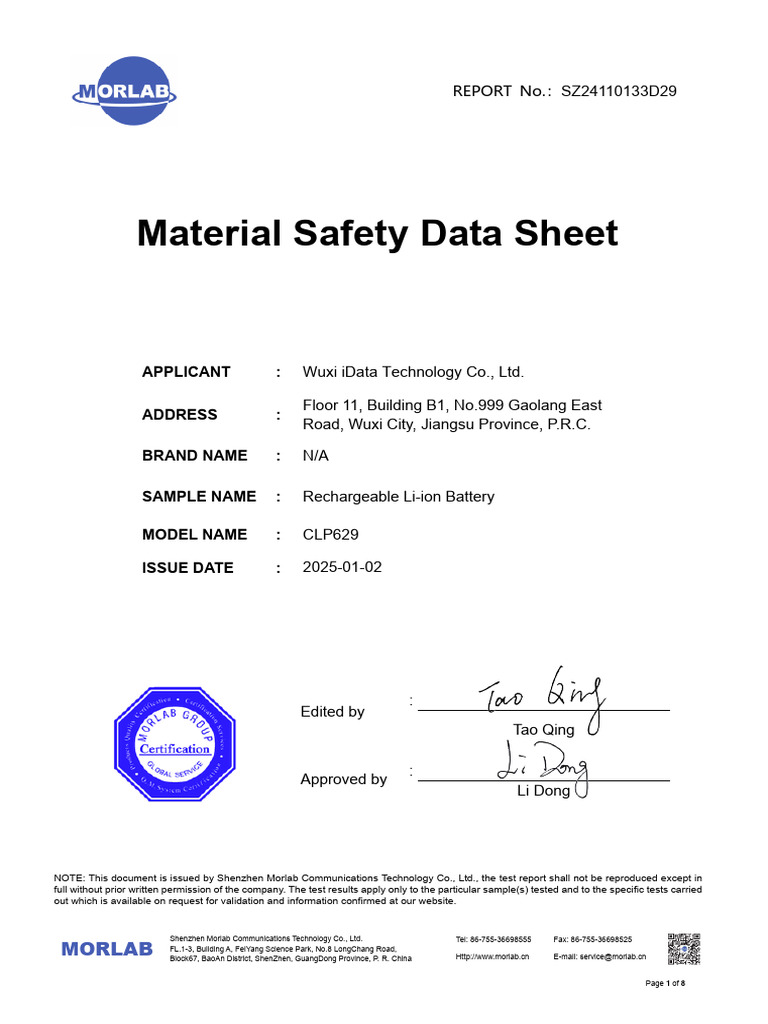 Li-ion Battery Safety Data Sheet | PDF | Dangerous Goods | Materials