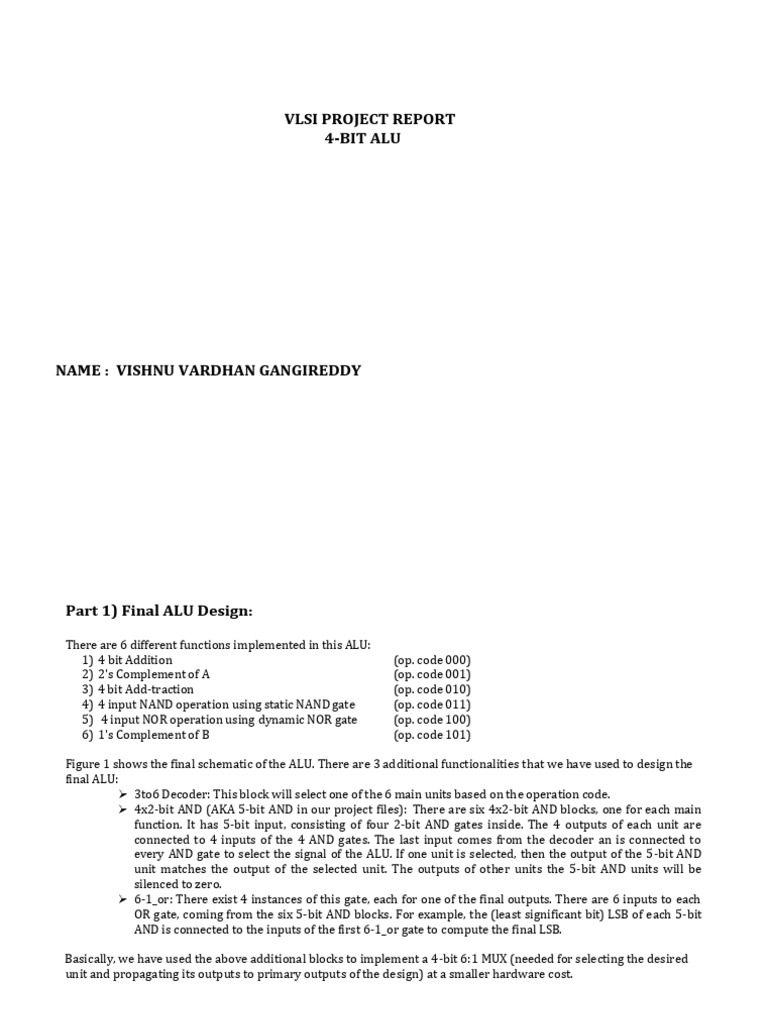 VLSI 4-Bit ALU Project Report | PDF | Logic Gate | Electronic Circuits