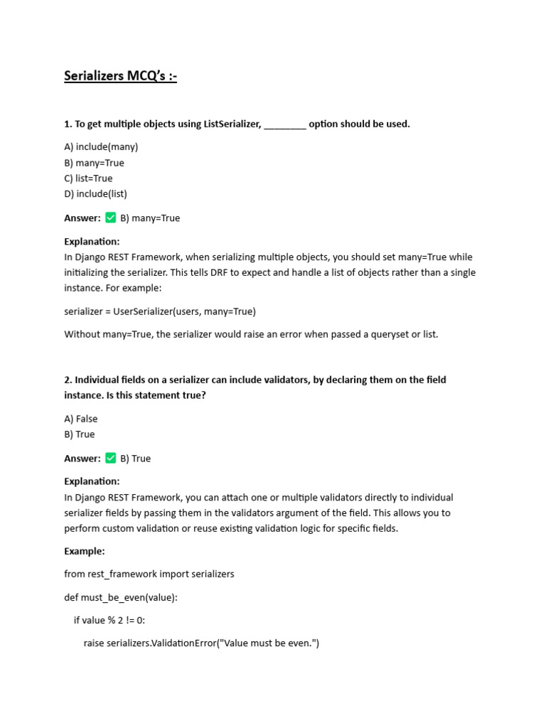 Django REST Framework Serializers MCQs | PDF | Software Engineering ...