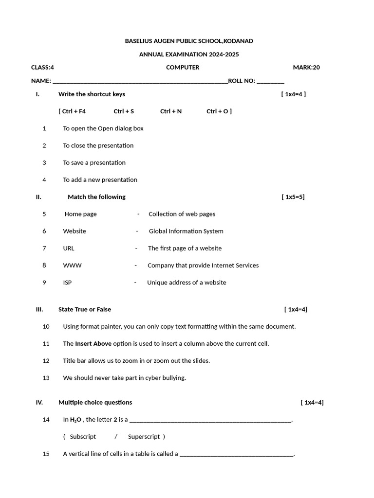 Class 4 Computer Exam 2024-2025 | PDF