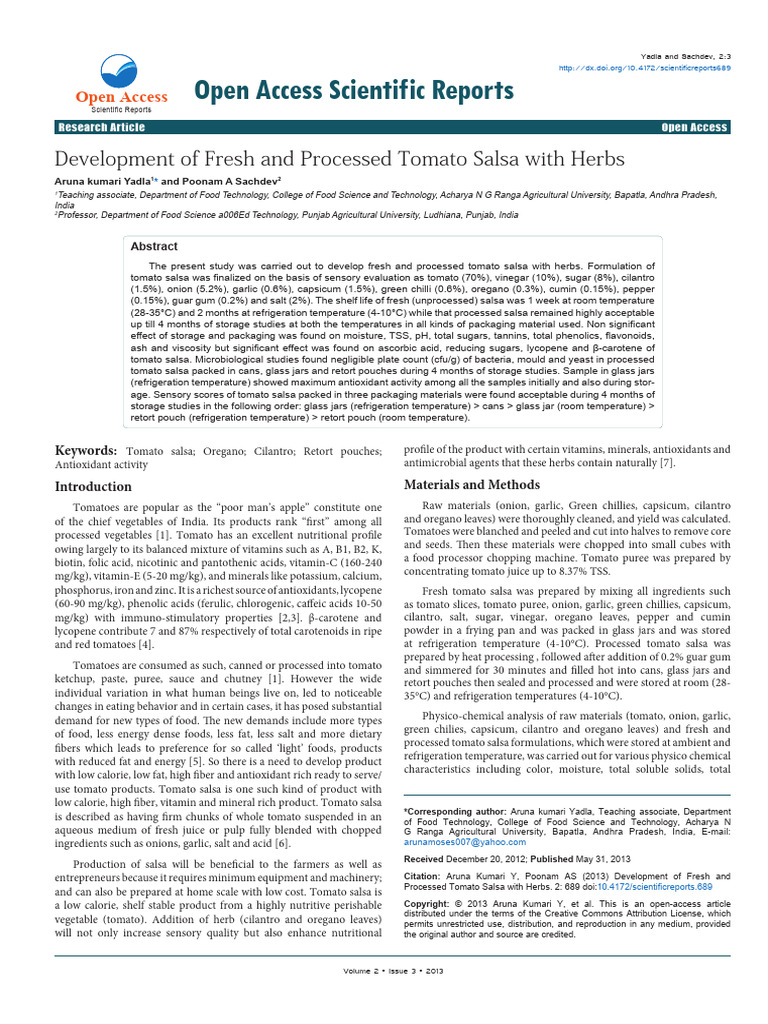 Development of Fresh and Processed Tomato Salsa With Herbs | PDF ...
