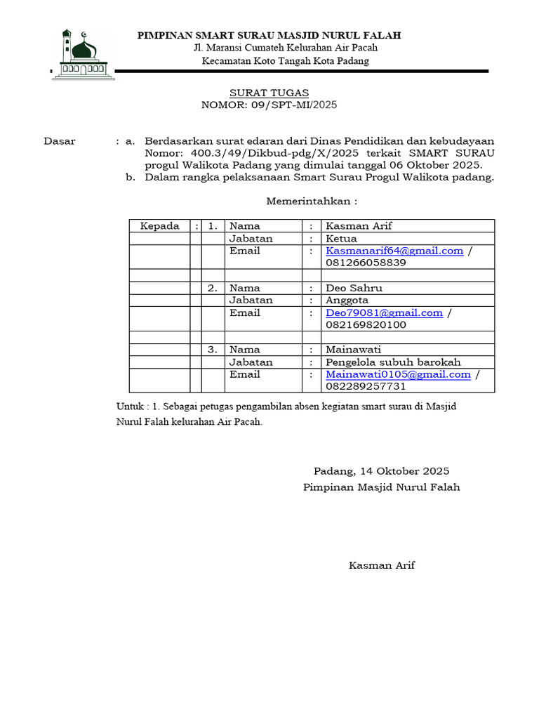 Surat Tugas Smart Surau Mesjid Nurul Falah | PDF