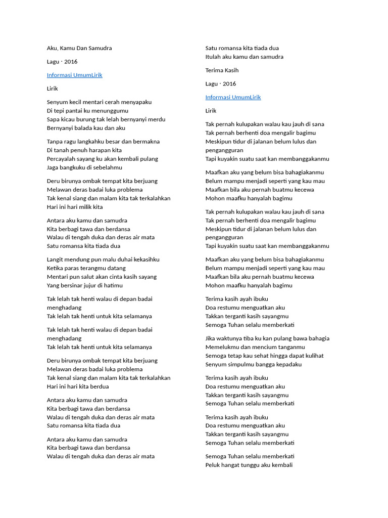 Lirik Lagu Cinta dan Harapan 2023 | PDF