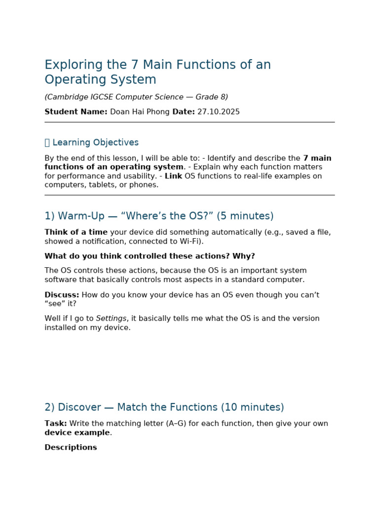 7 Main Functions of OS Worksheet | PDF | Operating System | Computer File
