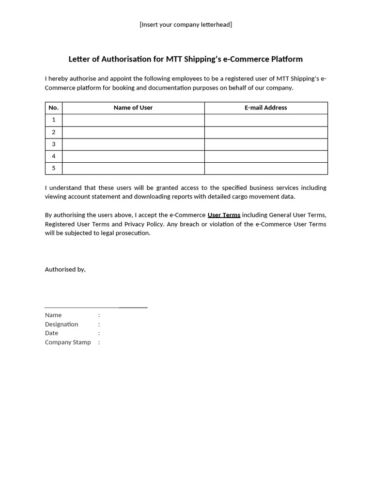 MTT Shipping User Authorization Letter | PDF