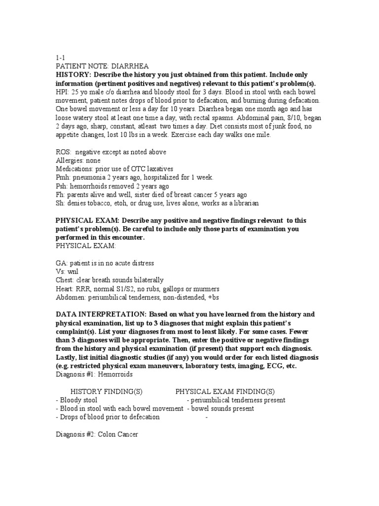 Diarrhea Patient Note and Diagnosis | PDF | Human Feces | Colorectal Cancer