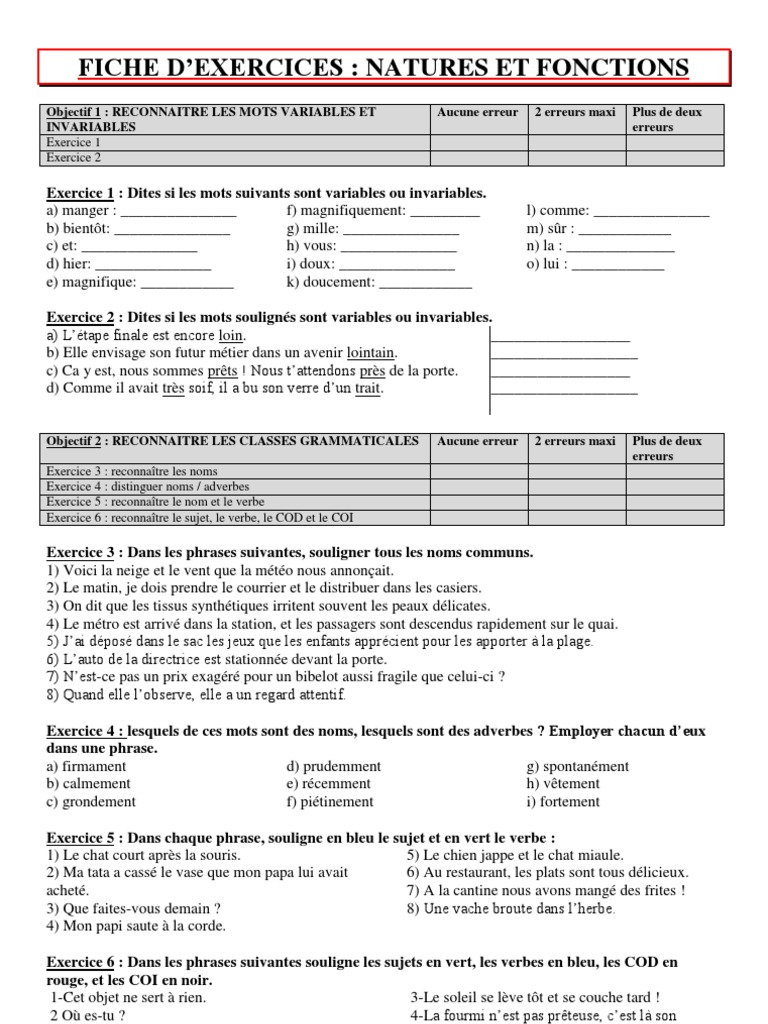 Exercices Français 5ème à Imprimer Gratuit Fiche Exos Natures Fonctions 5eme | PDF | Pronom | Sujet (Grammaire)