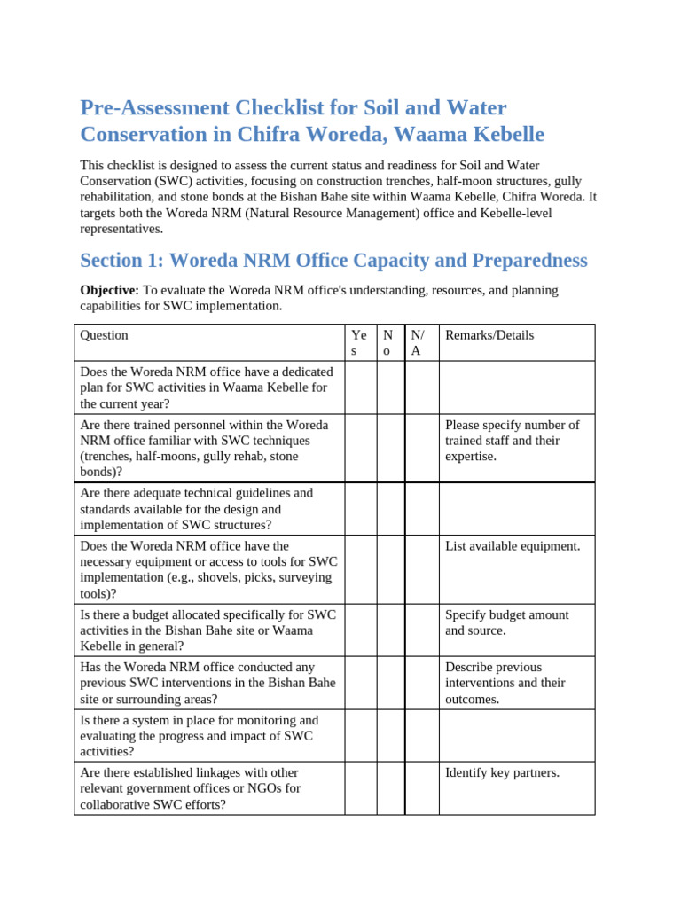 SWC Pre-Assessment Checklist for Waama | PDF | Erosion