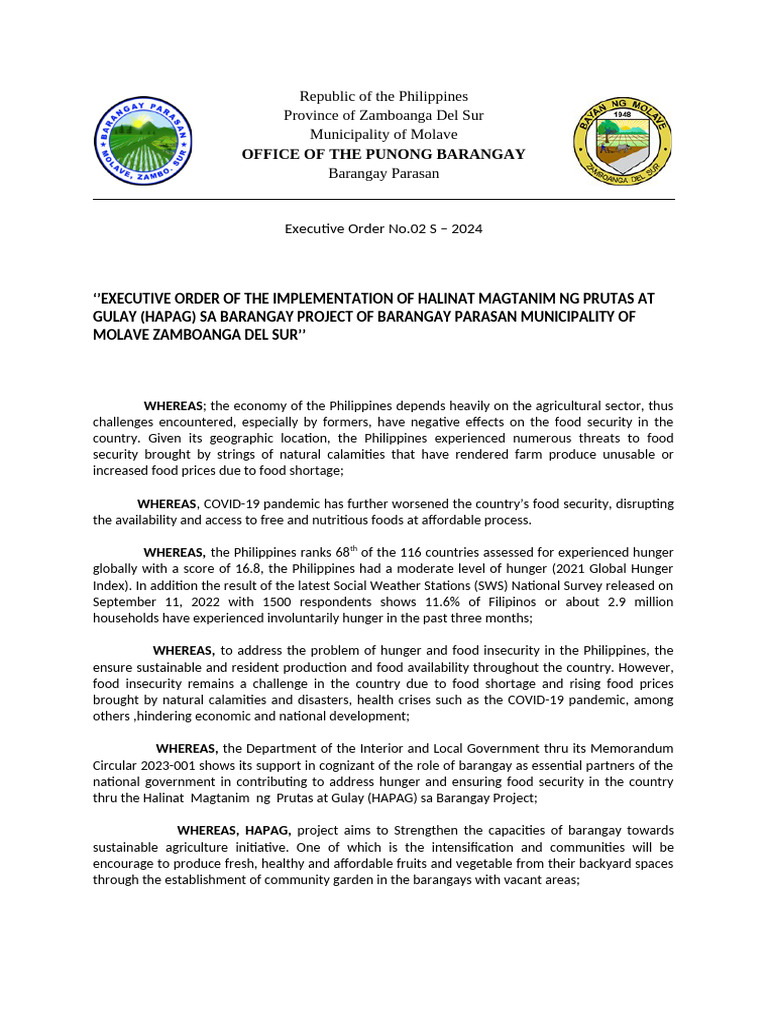HAPAG Project Implementation Order | PDF | Food Security | Hunger
