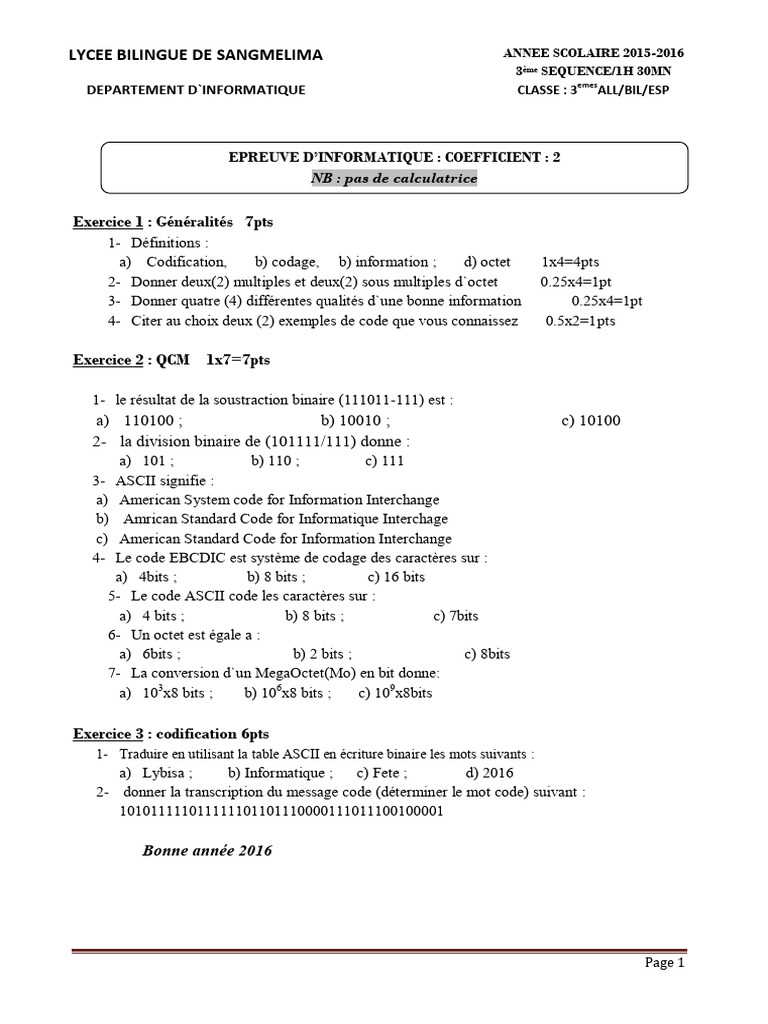 Exercice d'informatique : codage et QCM | PDF | ASCII | Codage des ...