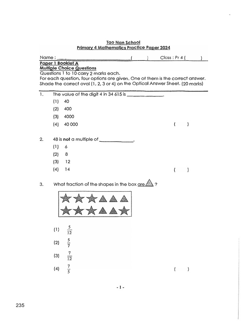 Primary 4 Math Practice Paper 2024 | PDF