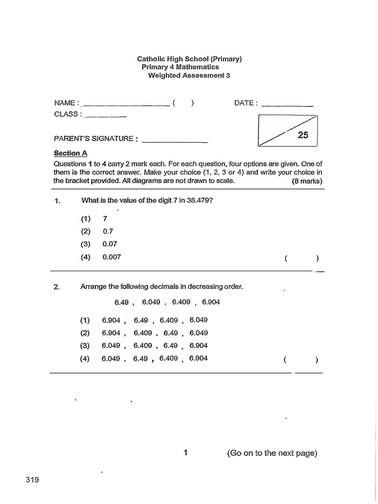 P4 Maths WA3 2024 CatholicHigh Exam Papers | PDF | Mathematics | Tests