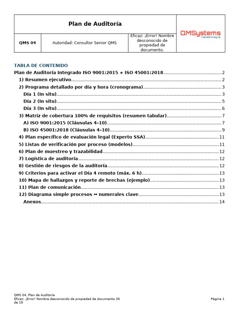 Plan de Auditoría ISO 9001 y 45001 | PDF | Sistema de manejo de calidad ...