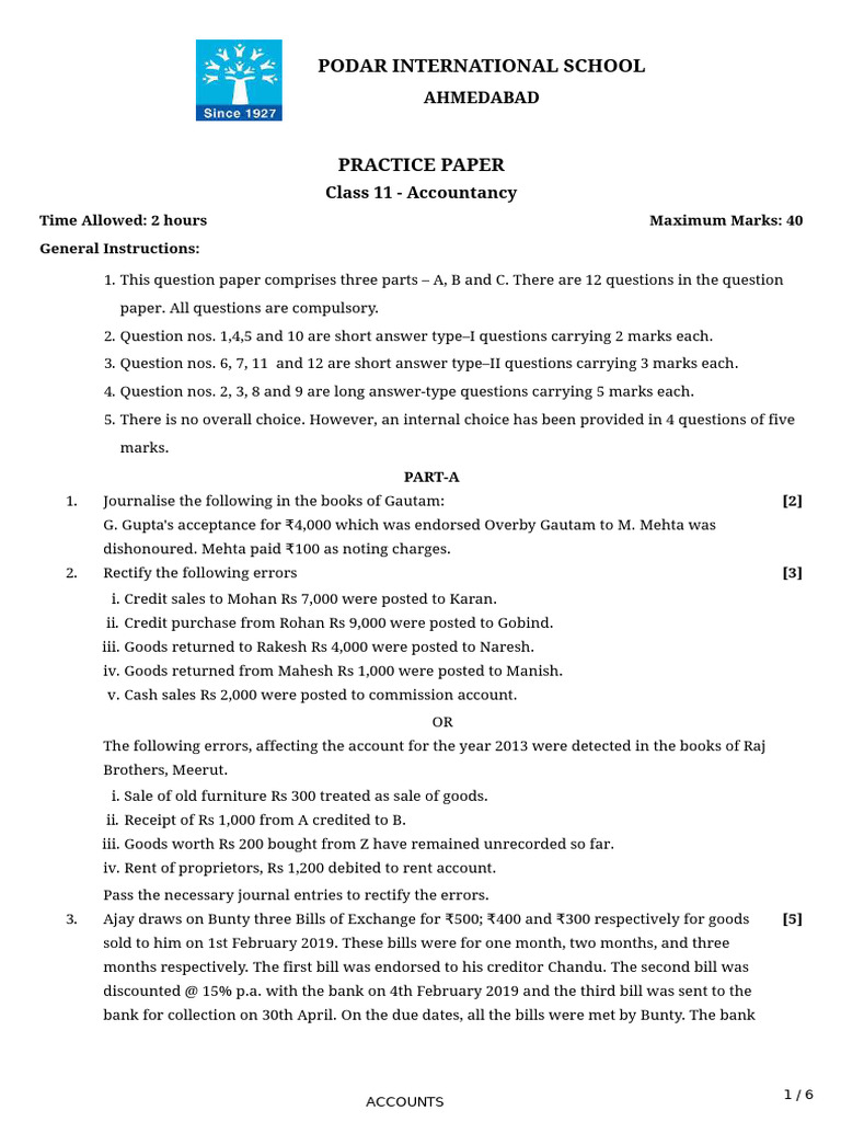 Class 11 Accountancy Practice Paper | PDF | Debits And Credits | Business