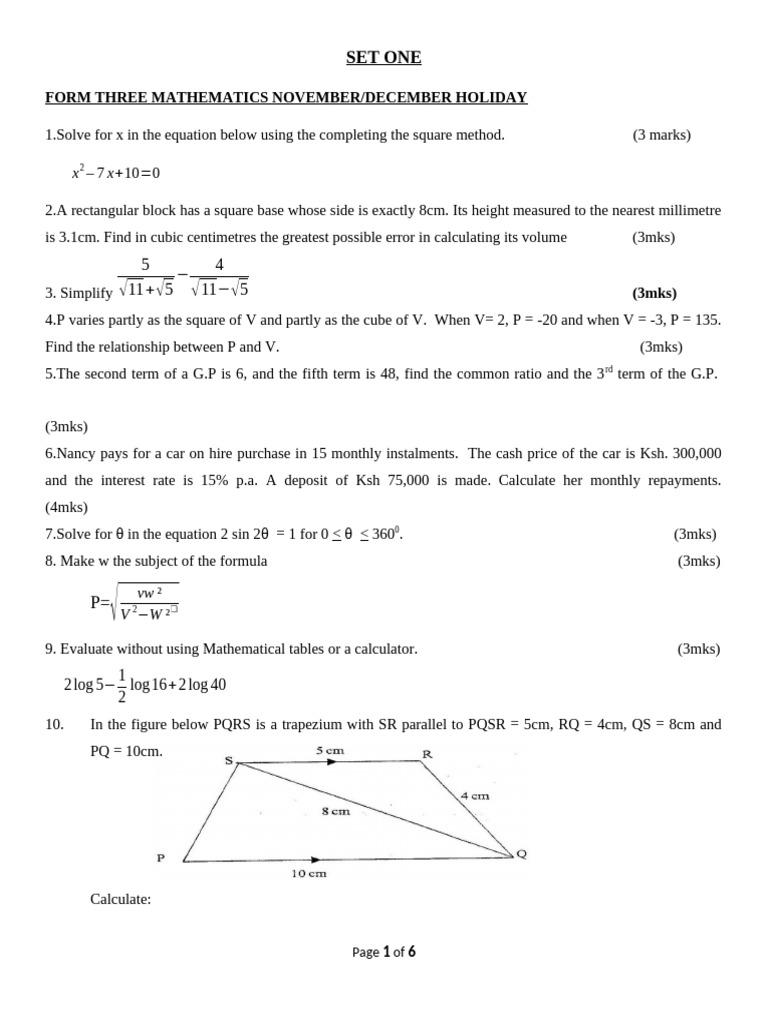 Form Three Holiday Assignment | PDF