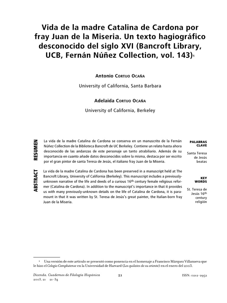 Vida de Catalina de Cardona en el XVI | PDF | Teresa De Ávila