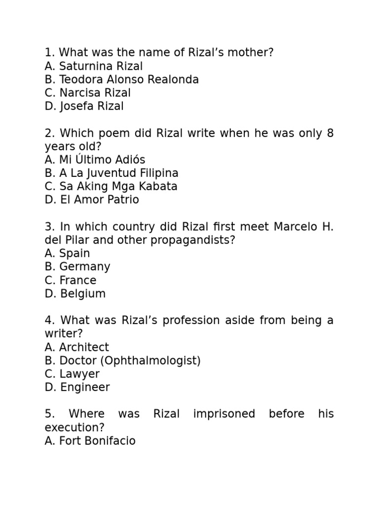 Jose Rizal Quiz: Facts and Trivia | PDF | Philippines | Philippines ...